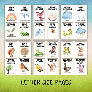 blue and green background, letter size pages on the bottom, shows all six pages that are included in the springtime selection of activity cards for indoors.