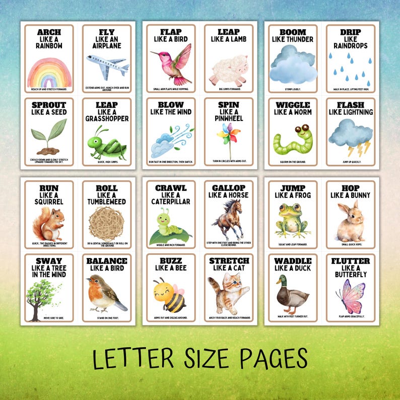 blue and green background, letter size pages on the bottom, shows all six pages that are included in the springtime selection of activity cards for indoors.