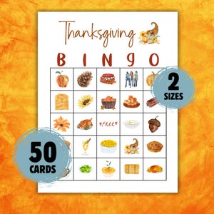 Jogo de Bingo para Famílias de Ação de Graças para Imprimir para Amigos, Idosos, Sala de Aula, Jantar de Ação de Graças,