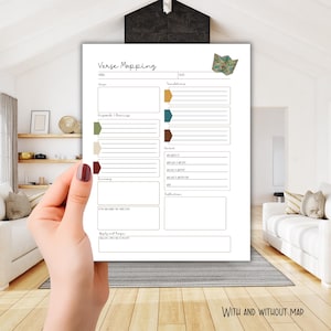 May include: A white paper sheet titled Verse Mapping with a small map illustration at the top right. The layout includes sections for verse, translations, keywords, meanings, content, summary, reflection, and apply and prayer with colored tabs.