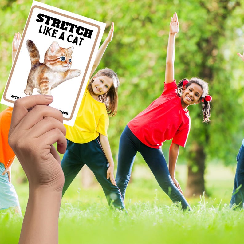 shows kids outside stretching with a teacher hand holding stretch like a cat.