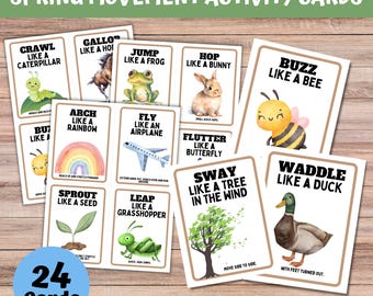 Tarjetas de actividades de ejercicios de movimiento de primavera para niños, tarjetas de acción de primavera para habilidades motoras gruesas para niños en edad preescolar y niños pequeños en movimiento