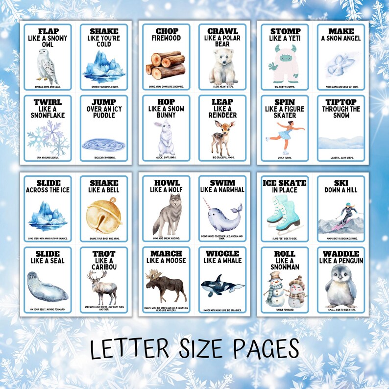 snowy background, says letter size pages, shows 6 individual pages for the winter movement activity cards that are included.