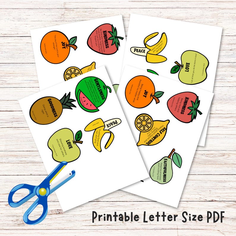 wood background, says printable letter size pdf, shows colored versions of the fruits with scissors to cut out the Bible verses