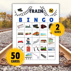 Bingo de trenes imprimible para fiestas de cumpleaños, noche de juegos familiares, bingo de trenes, actividades para personas mayores, baby showers, despedidas de soltera, día del tren