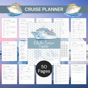Op de afbeelding: Een cruiseplanner met een aquarel illustratie van een cruiseschip en de tekst "Alaska Cruise Planner". De planner bevat pagina's voor hutdetails, budget en route. Het heeft 50 pagina's.