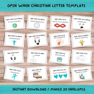 May include: A set of printable "Open When" Christian letter templates. Each card features a unique prompt, such as "Feeling Like a Superhero" or "Need a Confidence Boost," with corresponding illustrations. The text "Instant Download / Makes 20 Envelopes" is also included.