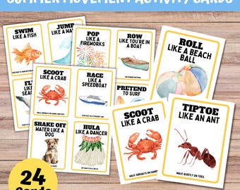 Summer Kid Movement Exercise Activity Cards, Summertime action cards for gross motor skills for preschool and toddler moving