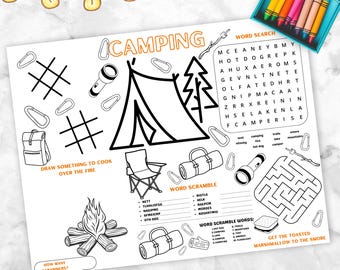 Set de table d'activités de camping, napperon à colorier pour enfants avec jeux de table, mots croisés sur le thème du camping, labyrinthe, activités