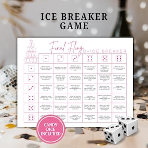 May include: A pink and white "Final Fling" ice breaker game with dice and the text "Candy Dice Included." The game includes questions to spark conversation. Two white dice with black dots are in the foreground.