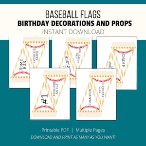 Puede incluir: Decoraciones de banderas de béisbol imprimibles para una fiesta de cumpleaños. Las banderas presentan diseños con temática de béisbol con texto como "Feliz cumpleaños", "Es mi cumpleaños", "Campeón" y "Campeona".
