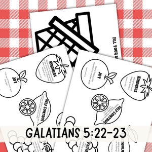 picnic table blanket background, says Galatians 5:22-23 on the bottom with a close up of the fruit and picnic basket.