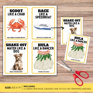 shows desk with yellow page size 8.5 x 11, includes 4 cards per page, dashed line to cut, no trimming needed, shows letter page with scissors with shake water like a dog, hula like a dancer.