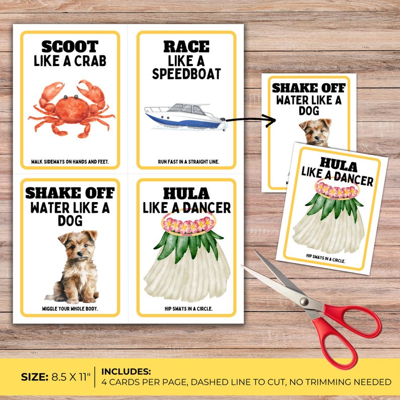 shows desk with yellow page size 8.5 x 11, includes 4 cards per page, dashed line to cut, no trimming needed, shows letter page with scissors with shake water like a dog, hula like a dancer.