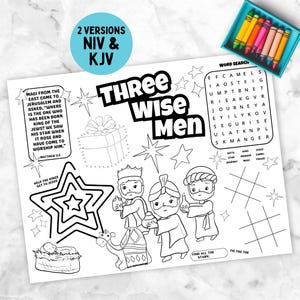 Puede incluir: Página para colorear en blanco y negro con el texto "Three Wise Men" e ilustraciones de los tres reyes magos, un camello y una estrella. Incluye una sopa de letras, tres en raya y texto de Mateo 2:2. Una caja de lápices de colores está en la esquina superior derecha.