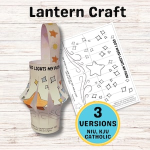 May include: A paper lantern craft with the text "Lantern Craft" at the top. The lantern is white with star and sun designs. A sheet of paper with star and diamond shapes is next to the lantern. The text "3 Versions" is in a blue circle.