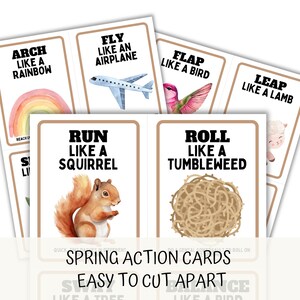 spring action cards, easy to cut apart, shows upclose of the letter size images like run like a squirrel, roll like a tumbleweed.