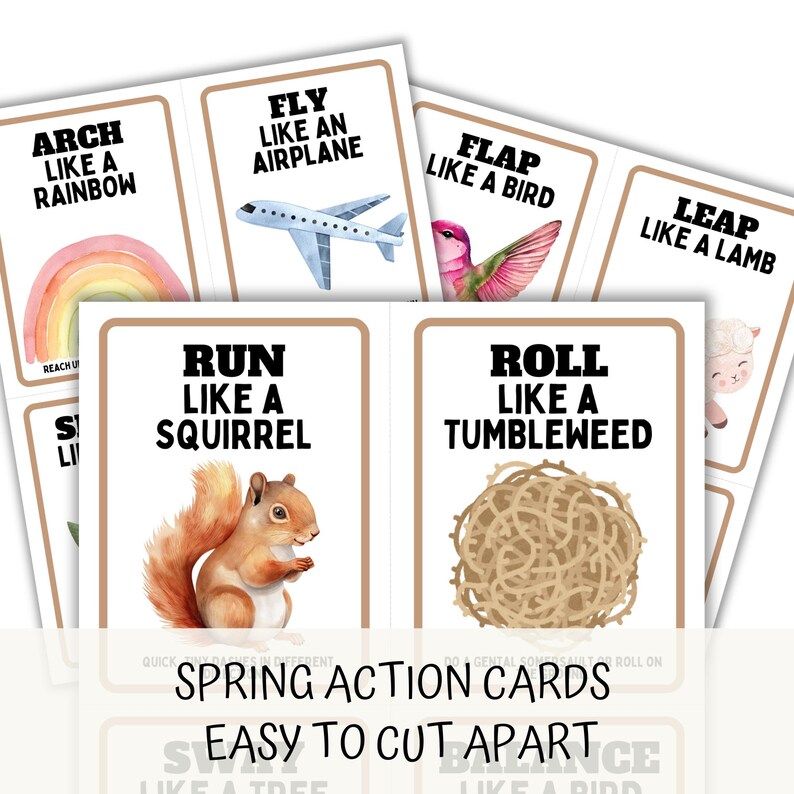 spring action cards, easy to cut apart, shows upclose of the letter size images like run like a squirrel, roll like a tumbleweed.