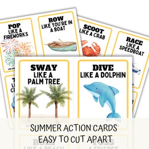 white background, summer action cards, easy to cut apart, show upclose sway like a palm tree, dive like a dolphin.