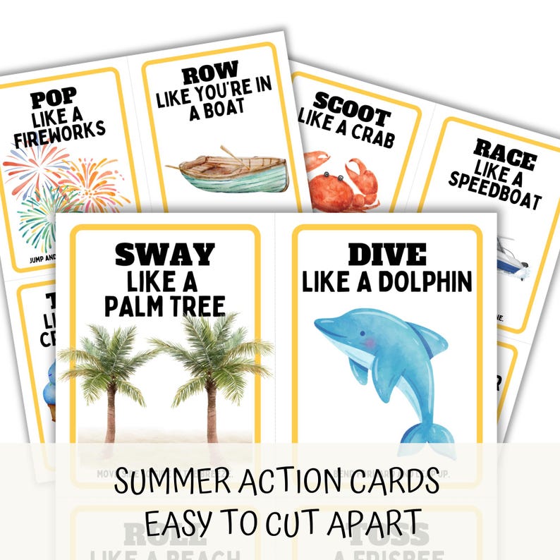 white background, summer action cards, easy to cut apart, show upclose sway like a palm tree, dive like a dolphin.