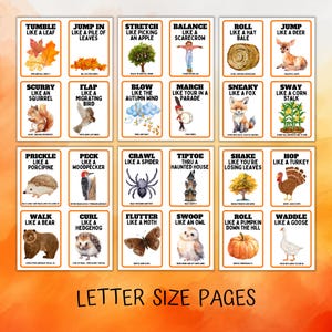 orange yellow background, says letter size pages, shows 6 individual pages for the fall movement activity cards that are included.