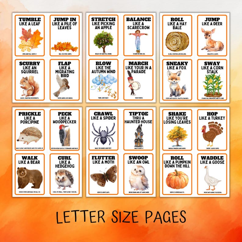 orange yellow background, says letter size pages, shows 6 individual pages for the fall movement activity cards that are included.