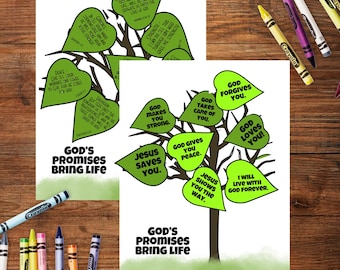 May include: A green tree with heart-shaped leaves, each with a different message about God's promises. The tree is on a white background with the text "God's Promises Bring Life" at the bottom. The messages on the leaves include "God Makes You Strong", "Jesus Saves You", "God Gives You Peace", "God Takes Care Of You", "God Forgives You", "God Loves You", "Jesus Shows You The Way", and "I Will Live With God Forever".