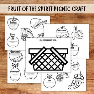 wood table background, shows 5 pieces of paper one with a picnic basket in black and white, 4 with fruits on them like strawberry, pear, lemon, orange, grapes, watermelon, banana, apple, and pineapple - one set with the verses for each word of the spirits and the other with statements for younger kids for bible story, all ready to color, cut and glue craft project the top says fruit of the spirit picnic craft.
