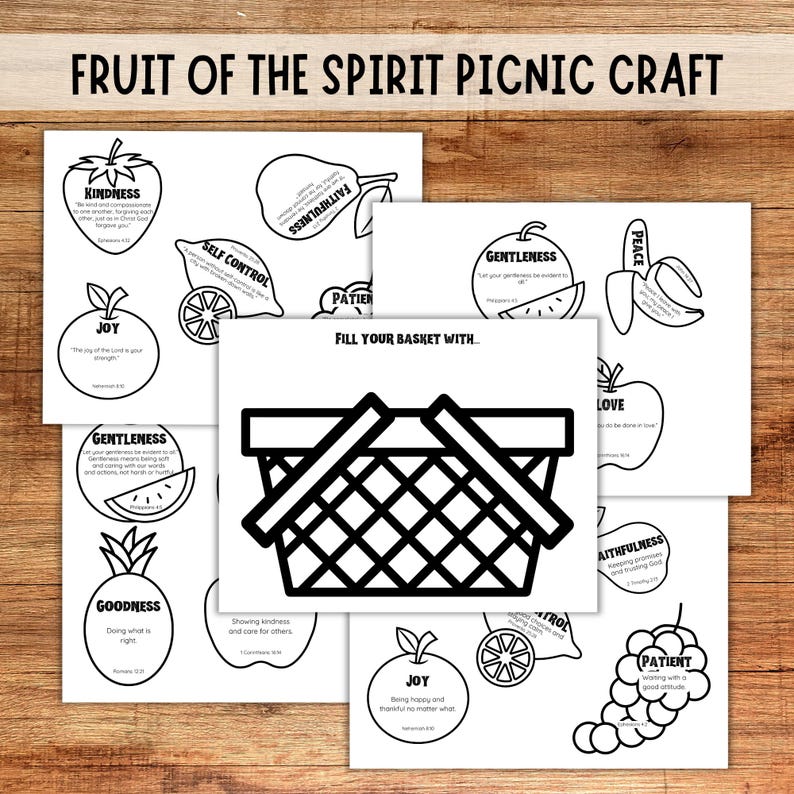 wood table background, shows 5 pieces of paper one with a picnic basket in black and white, 4 with fruits on them like strawberry, pear, lemon, orange, grapes, watermelon, banana, apple, and pineapple - one set with the verses for each word of the spirits and the other with statements for younger kids for bible story, all ready to color, cut and glue craft project the top says fruit of the spirit picnic craft.