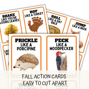 white background close up of the cards like prickle like a porcupine, peck like a woodpecker, fall action cards, easy to cut apart.