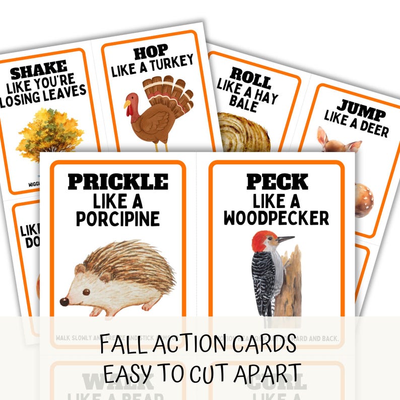 white background close up of the cards like prickle like a porcupine, peck like a woodpecker, fall action cards, easy to cut apart.