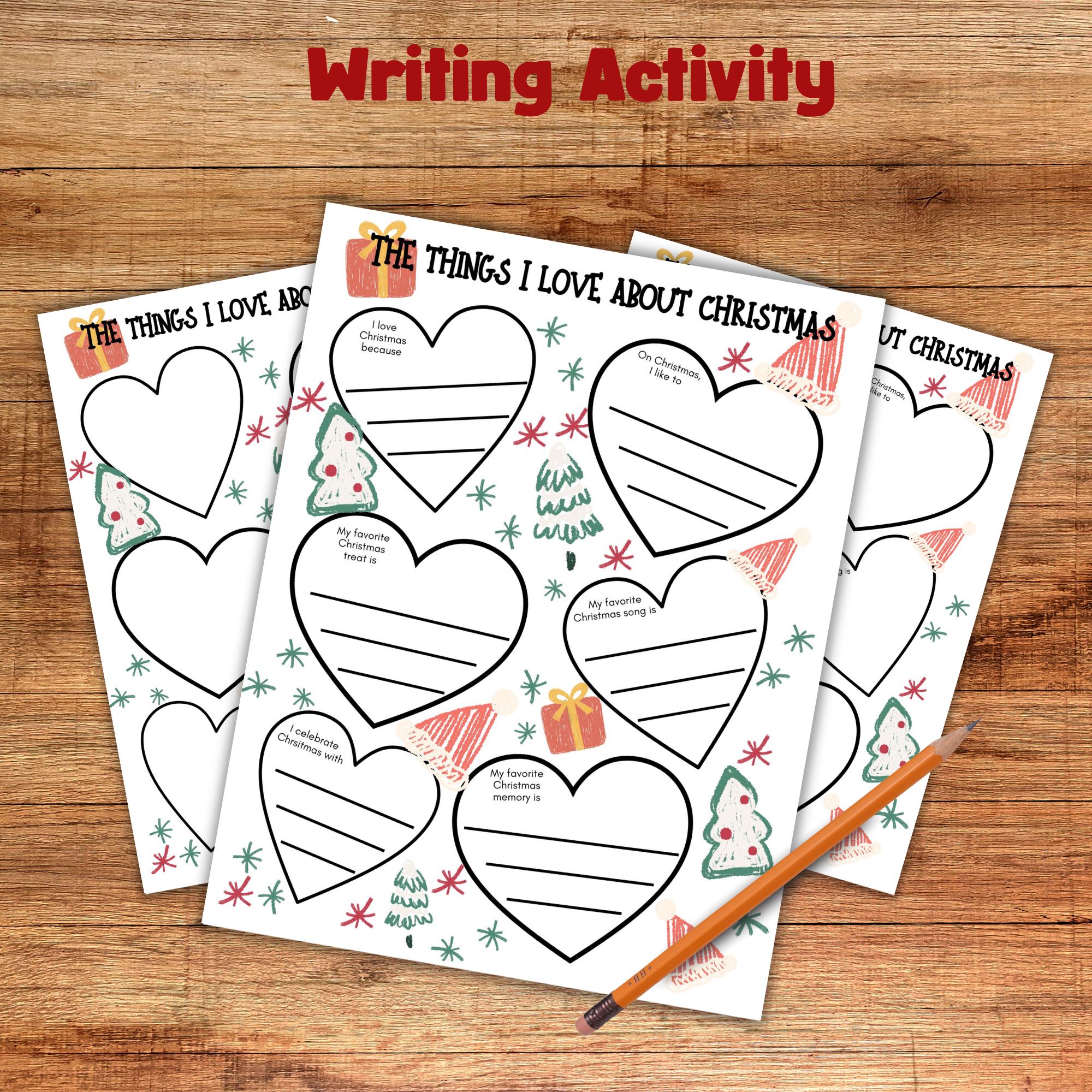 Christmas Writing Activity, Favorite Things about Christmas Journaling Prompts, Printable Worksheet Things I Love at Christmas
