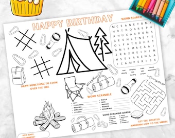 Camping Birthday Activity Placemat, tent camping coloring placemat for kids, activities table games birthday party