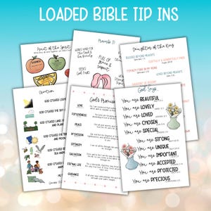 Peut inclure: Une collection de feuilles de papier blanches intitulées Loaded Bible Tip Ins, présentant divers thèmes religieux, des illustrations colorées de fruits, de fleurs et de personnes, ainsi que du texte imprimé incluant des références bibliques.