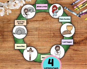 May include: A circular educational craft with illustrations depicting the story of Jesus, including "Jesus Lives!" and "Last Supper." The design is on a wooden surface, with crayons and flowers in the background. The image also includes the text "4 VERSIONS."