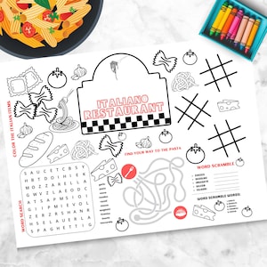 Spaghetti Pasta Night Personalize Activity Italian Unit Placemat, Customize Pasta Restaurant Coloring for Kids Table Mat Activity Games