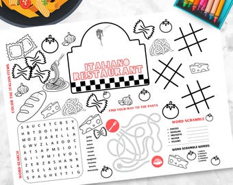Spaghetti Pasta Nacht Personalisieren Aktivität Italienische Einheit Tischset, Anpassen Pasta Restaurant Färbung für Kinder Tischset Aktivitätsspiele