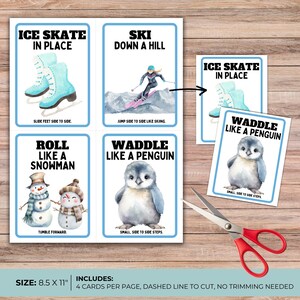 wood desk, has blue stripe that says size: 8.5 x 11, includes 4  cards per page, dashed line to cut, no trimming needed, shows a full page with scissors and then shows two of them cut out like ice skate in place, waddle like a penguin