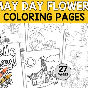 May Day Coloring Pages with may pole, may basket, flowers, and spring scene | May Pole Spring Coloring Packet | Spring Flowers Coloring Pack