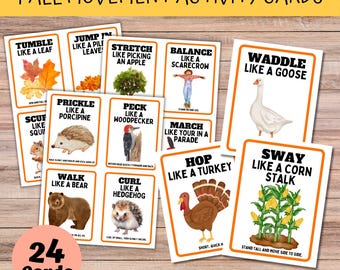 Fall Kid Movement Exercise Activity Cards, fall-time action cards for gross motor skills for preschool and toddler moving
