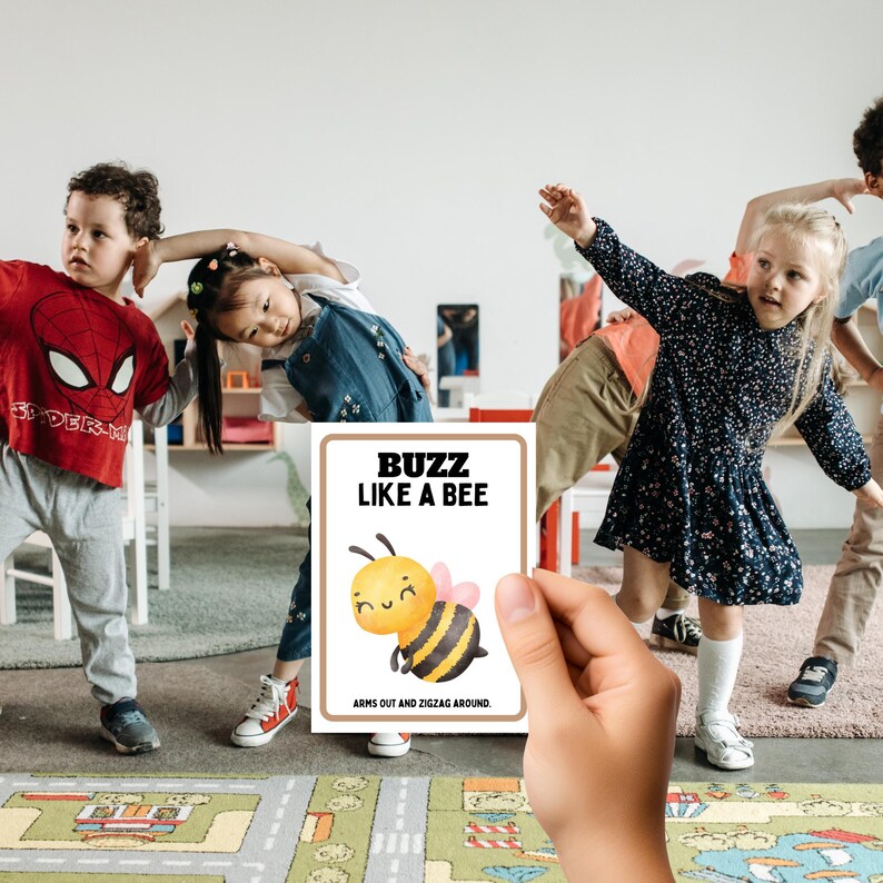 classroom circle time with hand holding buzz like a bee card.