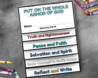 Armor of God flip book coloring activity craft kit printable, kids bible verse study guide for VBS, SOR, PSR, Sunday School, Church