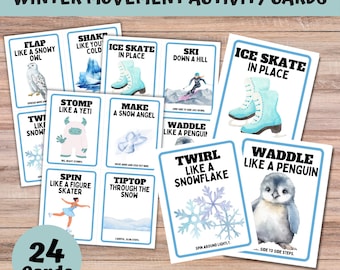 Tarjetas de actividades de movimiento para niños en invierno, tarjetas de acción invernales para desarrollar la motricidad gruesa en niños en edad preescolar y pequeños.