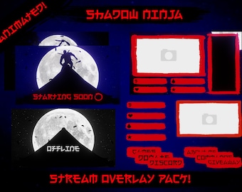 Shadow Ninja Animated Stream Overlay Pack, For Twitch, Facebook, YouTube Etc. Complete with Alerts and Panels