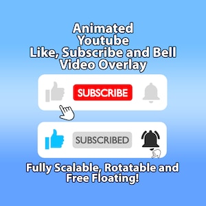 May include: Animated YouTube overlay with a thumbs up, subscribe button, and bell icon. The overlay is fully scalable, rotatable, and free floating.