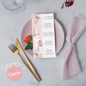 Easter Bunny Brunch Menu Template - Pink Bunny Brunch Editable Template - Easter Bunny Floral Menu Card - Self Edited Instant Download