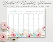 Undated Monthly Planner - Blank Printable Monthly Floral Calendar- A4 A5 US Letter Calendar on 1 Page - Downloadable Planner Inserts