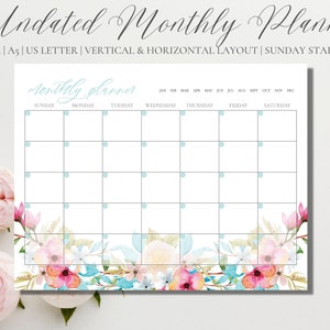 Agenda mensile senza data - Calendario floreale mensile stampabile vuoto - Calendario con lettere USA A4 A5 su 1 pagina - Inserti dell'agenda scaricabili