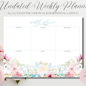 Undatierter druckbarer Wochenplaner - Blanker Wochenkalender - A4 A5 US Letter Agenda auf 1 Seite - Sofortiger Download PDF