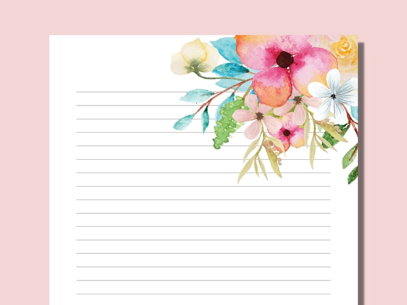 Flower Printable Stationary Printable Floral Notepaper Watercolor Lined ...